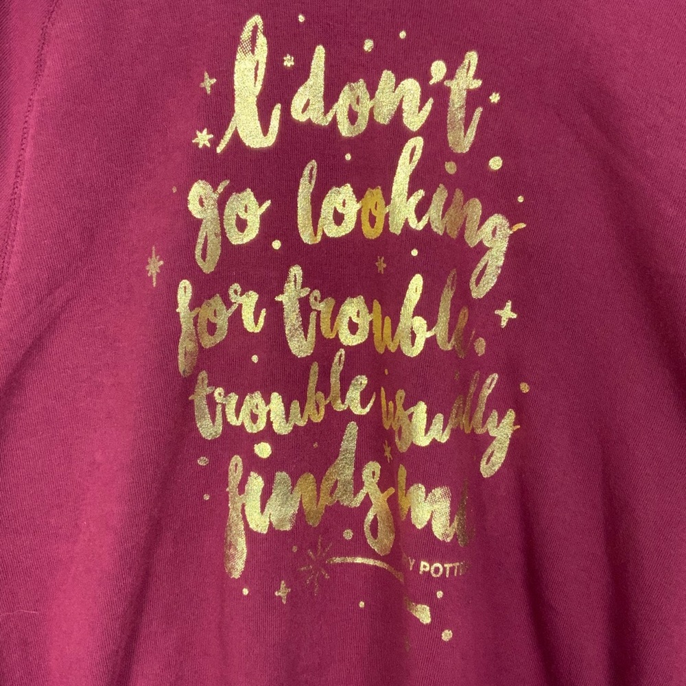 Harry Potter gold metallic print Trouble Finds Me scoop neck soft sweatshirt - Picture 3 of 5